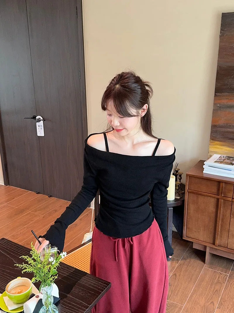 Fake Two-piece Off Shoulder Long Sleeve T-shirt Women's Sexy Slash Neck Flare Sleeve Base Shirt Top Autumn Casual Slim Fit Tops