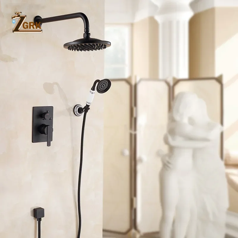 ZGRK Concealed Bathroom Shower Faucet Wall Mount Bath Shower Mixer Tap Brass Antique 8" Rainfall with Handshower Set