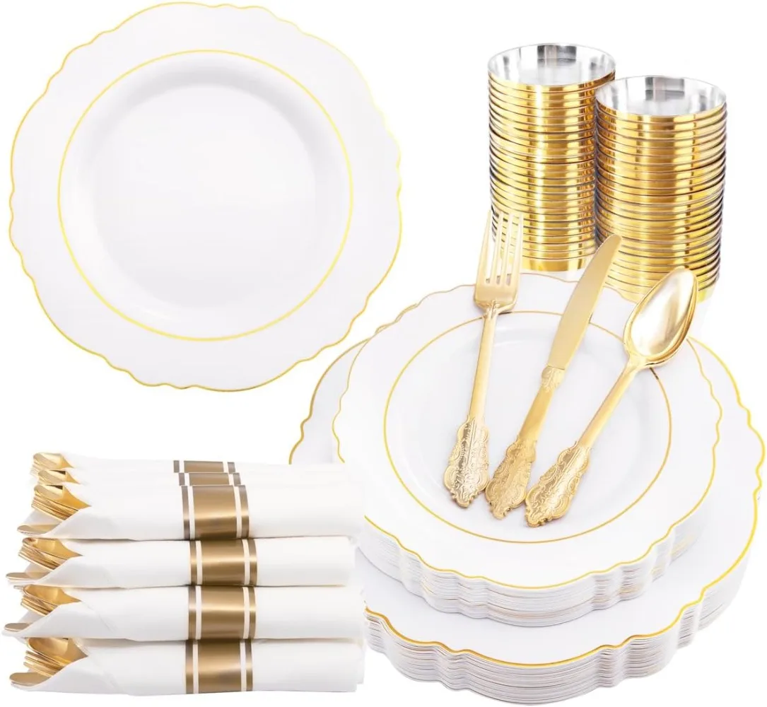 Liacere 350 PCS Plastic Disposable Plates 50guest Plastic Dinnerware Include 100Plates 50Pack Rolled Napkins with 50Cups Wedding