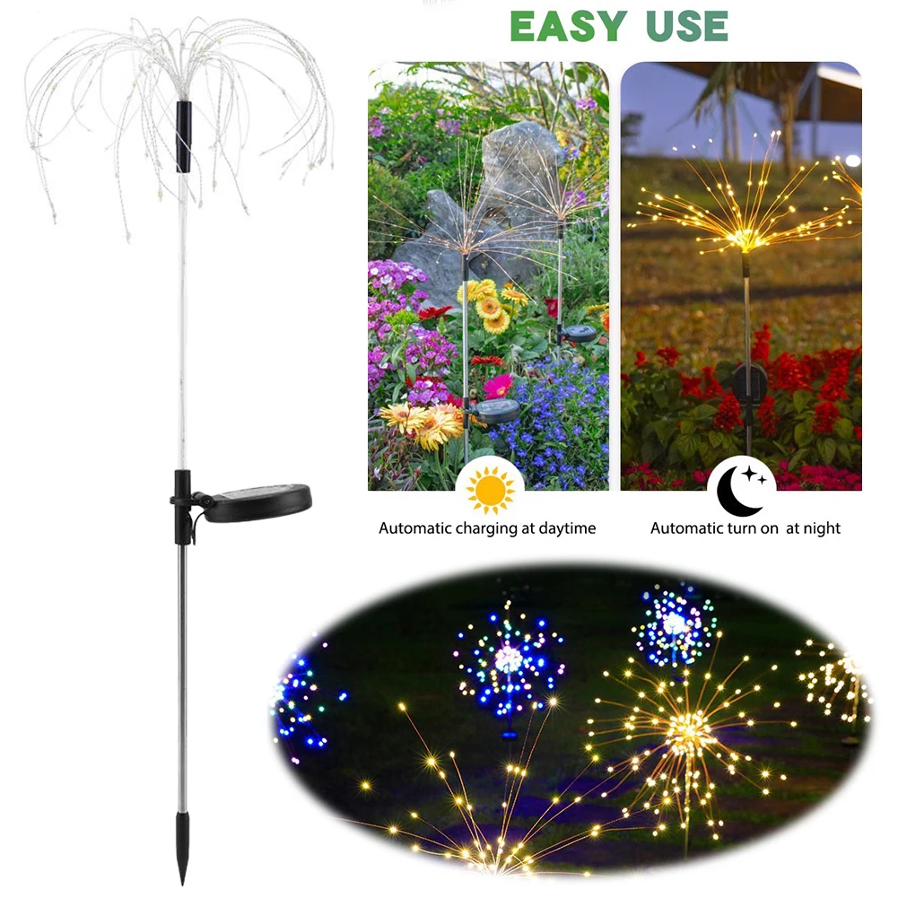 2Pcs Solar Fairy Light 8 Lighting Modes LED Sparklers Firework Lamp Solar Starburst Lights for Yard Garden Flowerbed Party Decor