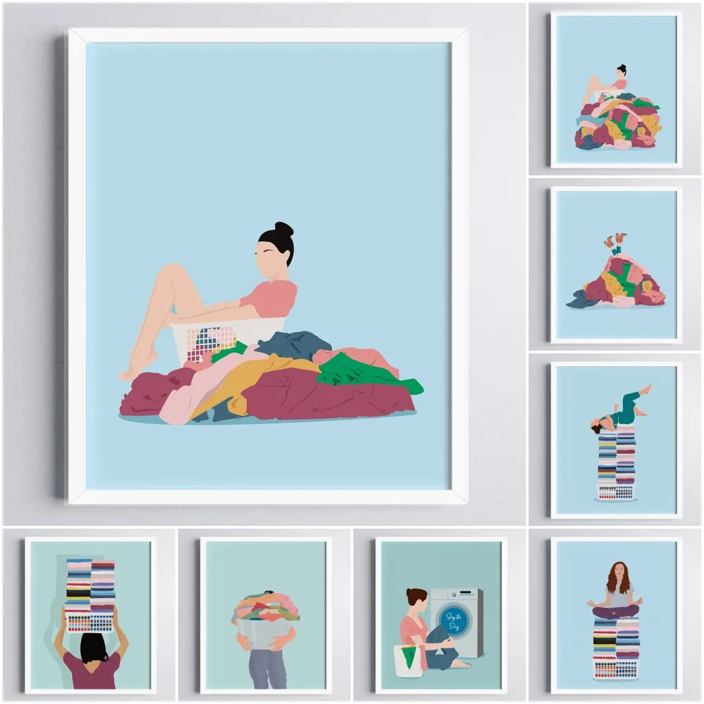 Pastel Colors Art Print Laundry Day Canvas Painting Floating on Clothe Funny Poster Pictures Bedroom Bathroom Home Decor