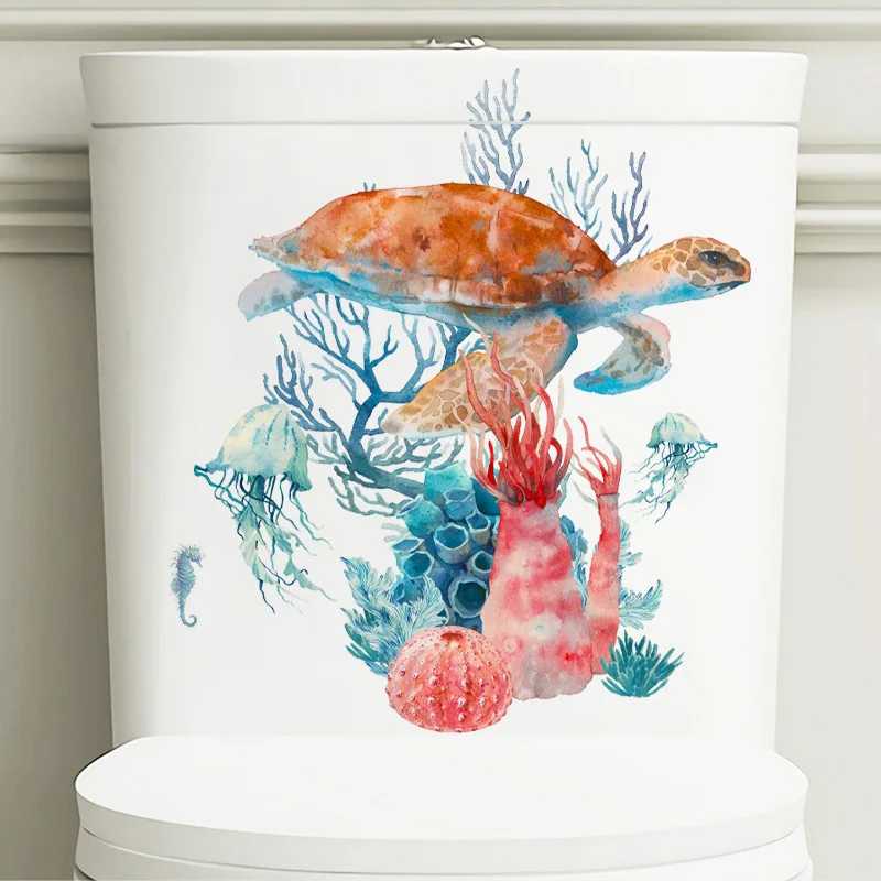 Sea Turtle Coral Jellyfish Toilet Lid Decal Sticker Bathroom Beautification Self-Adhesive Decoration Waterproof Sticker M894