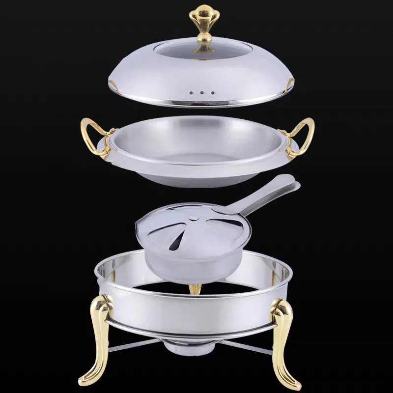 Dish Stainless Steel Cooking Round Warmer Tray Durable Frame with Lid Fuel Holder Cookware Set
