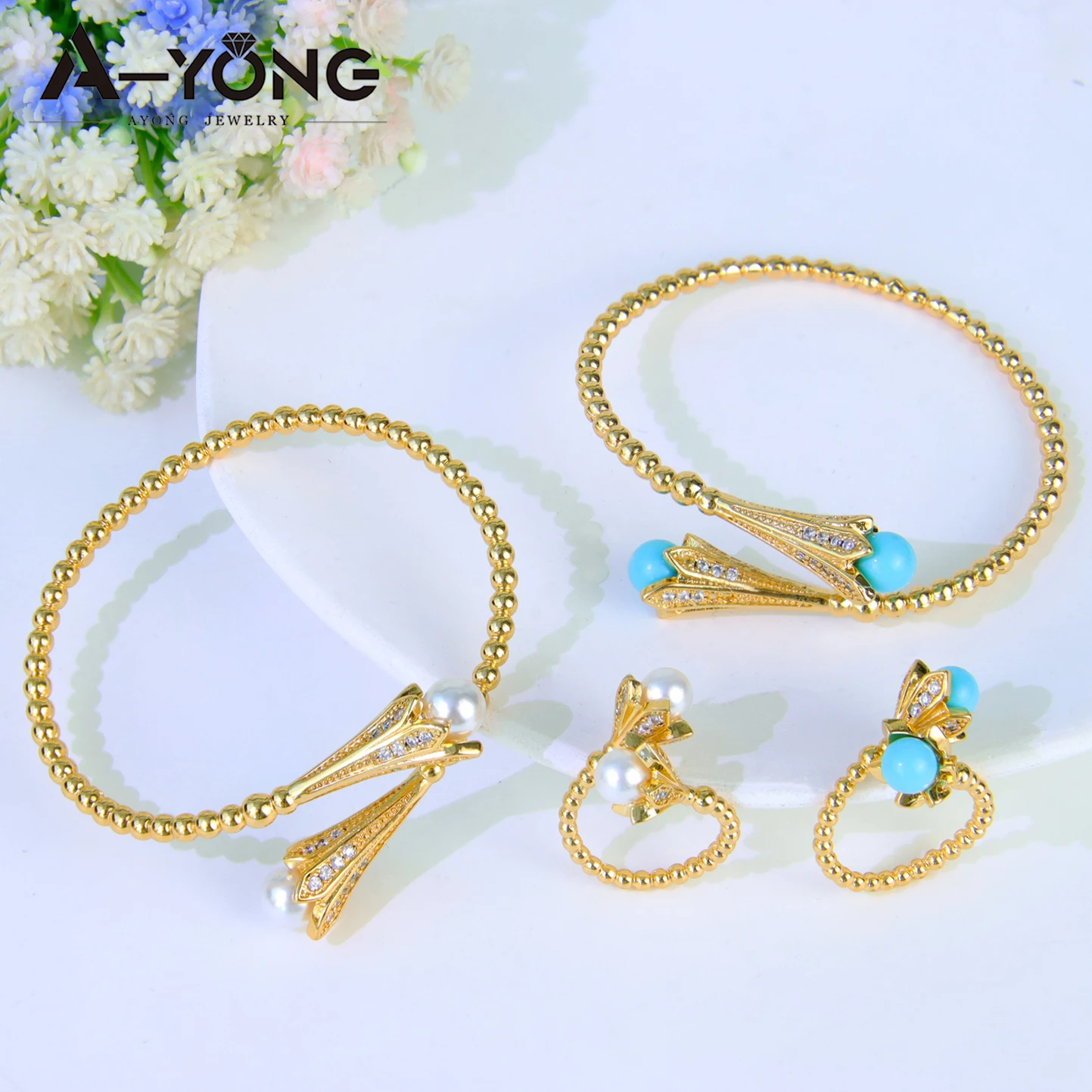 Luxus vergoldet Perlen Armband Ring Set 21k Gold Farbe Oman Türkis Mode Armreifen Dubai Frauen Chic Hochzeit Schmuck