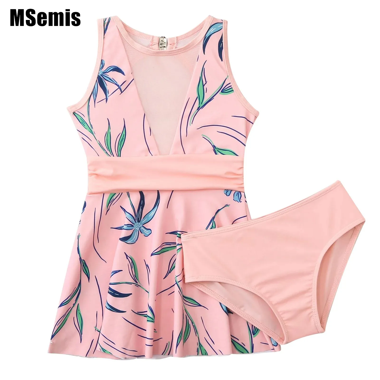 

Kid Girls Printed Swim Set Sleeveless High Waist Cutout Back Swim Dress with Briefs Rash Guard Swimsuit Bathing Suit Sunsuit