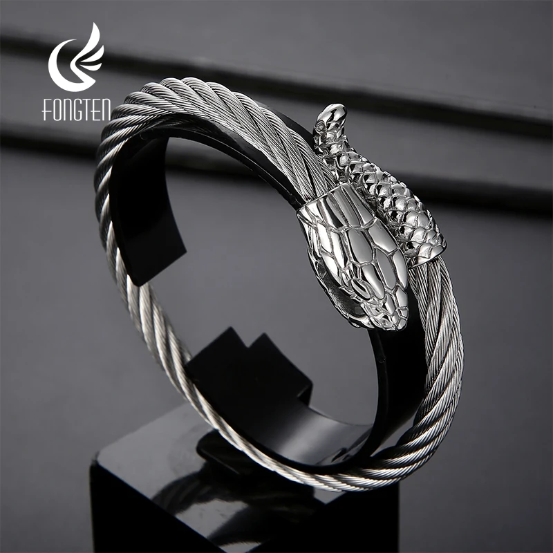 Fongten Punk Animal Snake Men's Spiral Twisted Chain Bracelets Stainless Steel Cable Bracelets For Men Gothic Bangle Jewelry bangle bracelet stainless steel bracelet chain bracelet