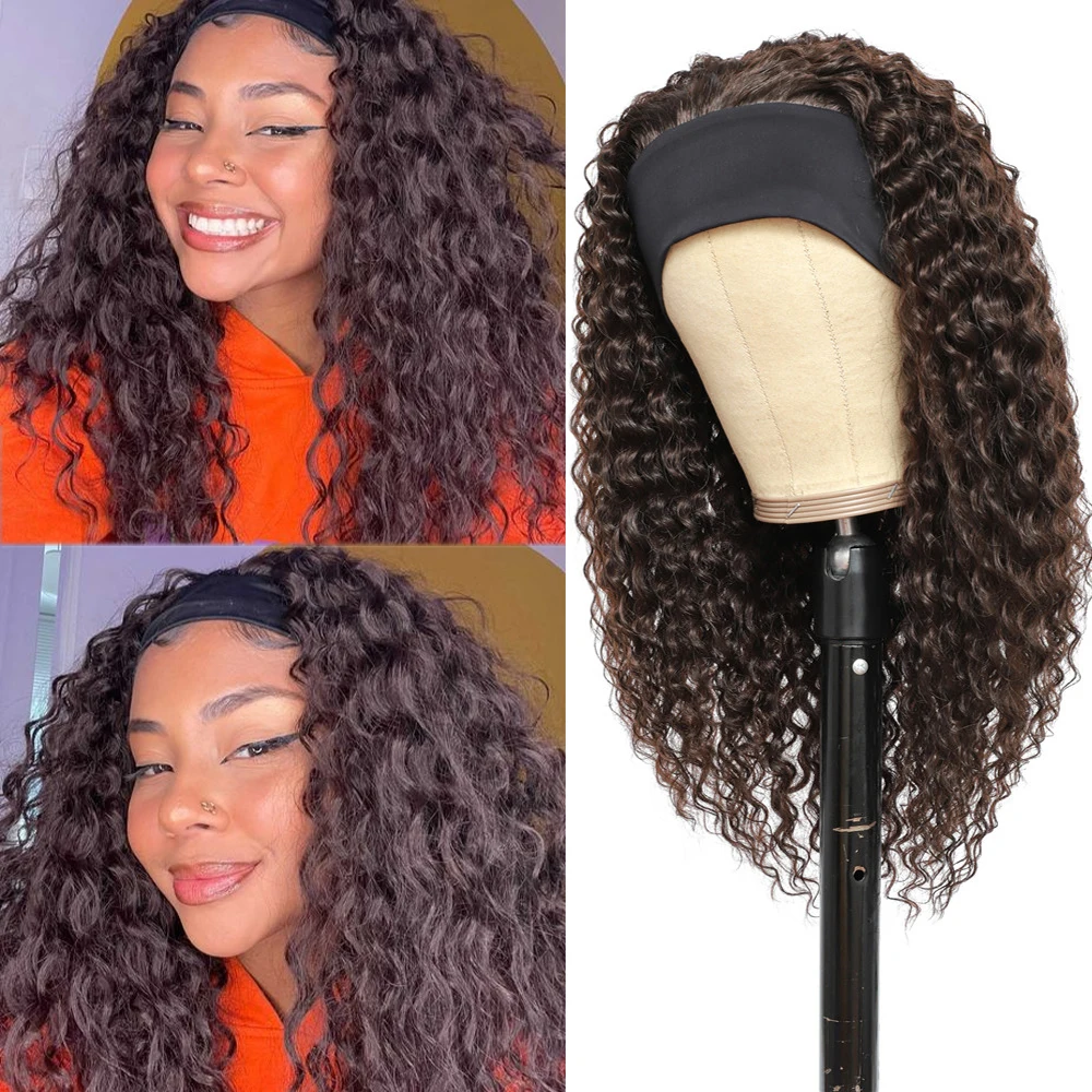 Synthetic Headband Wig For Black Women Kinky Curly Medium Length 18" Ombre Brown Glueless Machine Made Hair Scarf Wig X-TRESS synthetic wig