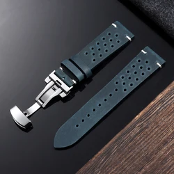 Vintage Butterfly Buckle Porous Cowhide Watch Strap - Breathable Soft Leather Business Band - 22mm (Blue - butterfly )