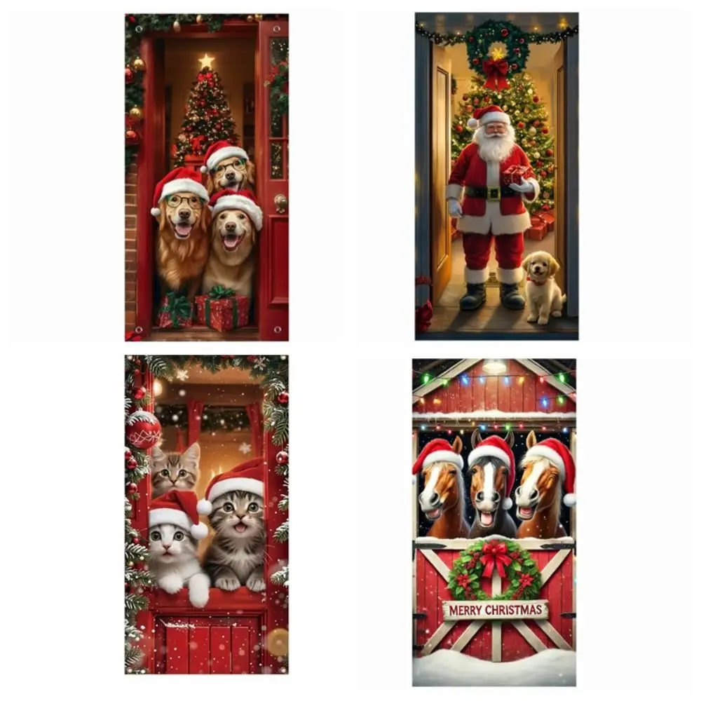 Animals Theme Christmas Door Cover 35.4x70.8" Dog Cat Christmas Hanging Cloth Background Santa Claus New Year Decoration