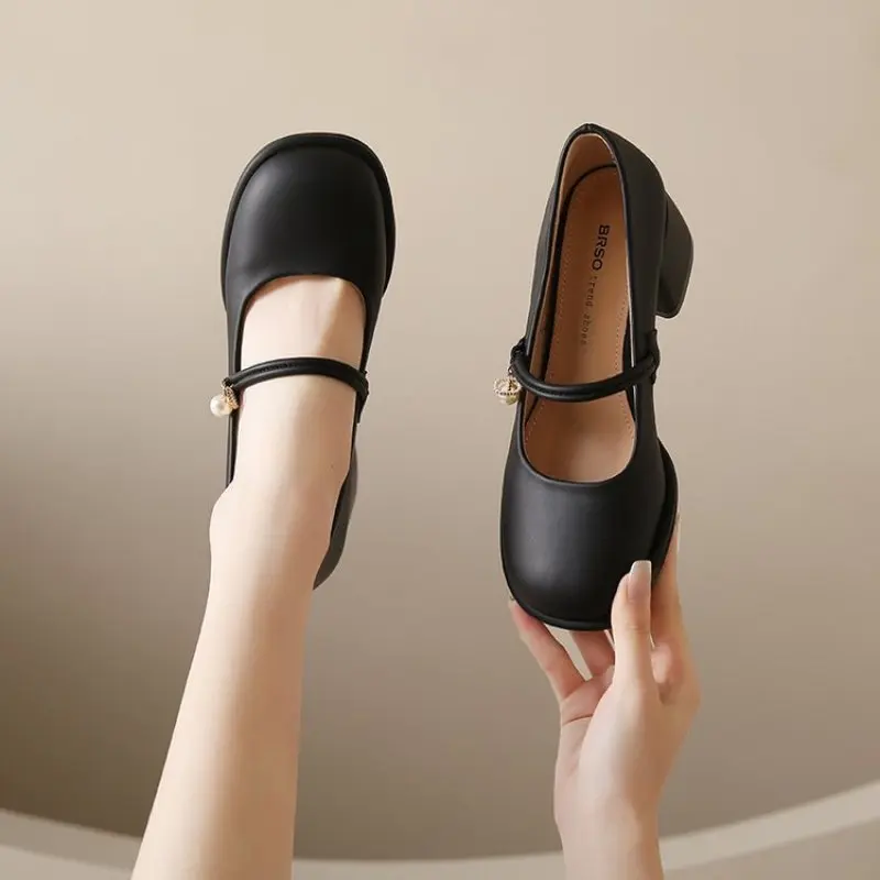 2024 NEW Soft Leather Soft Soled Mary Jane High Heels Thick Heeled Square Toe Sandals French British Casual Small Leather Shoes