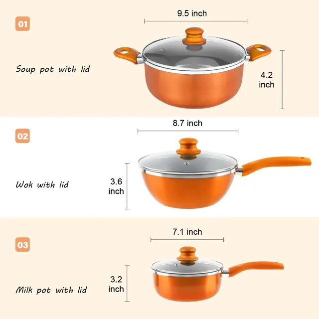 Kitchen Cookware Set, 6 PCS Nonstick Pot and Pan Set-Wok, Soup, Milk Pot Set Orange 4