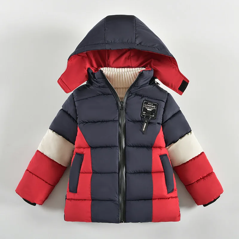 

2023 new style childrens cotton padded clothes boys extra thick coat splicing striped hooded Parka winter boys' outdoor clothing