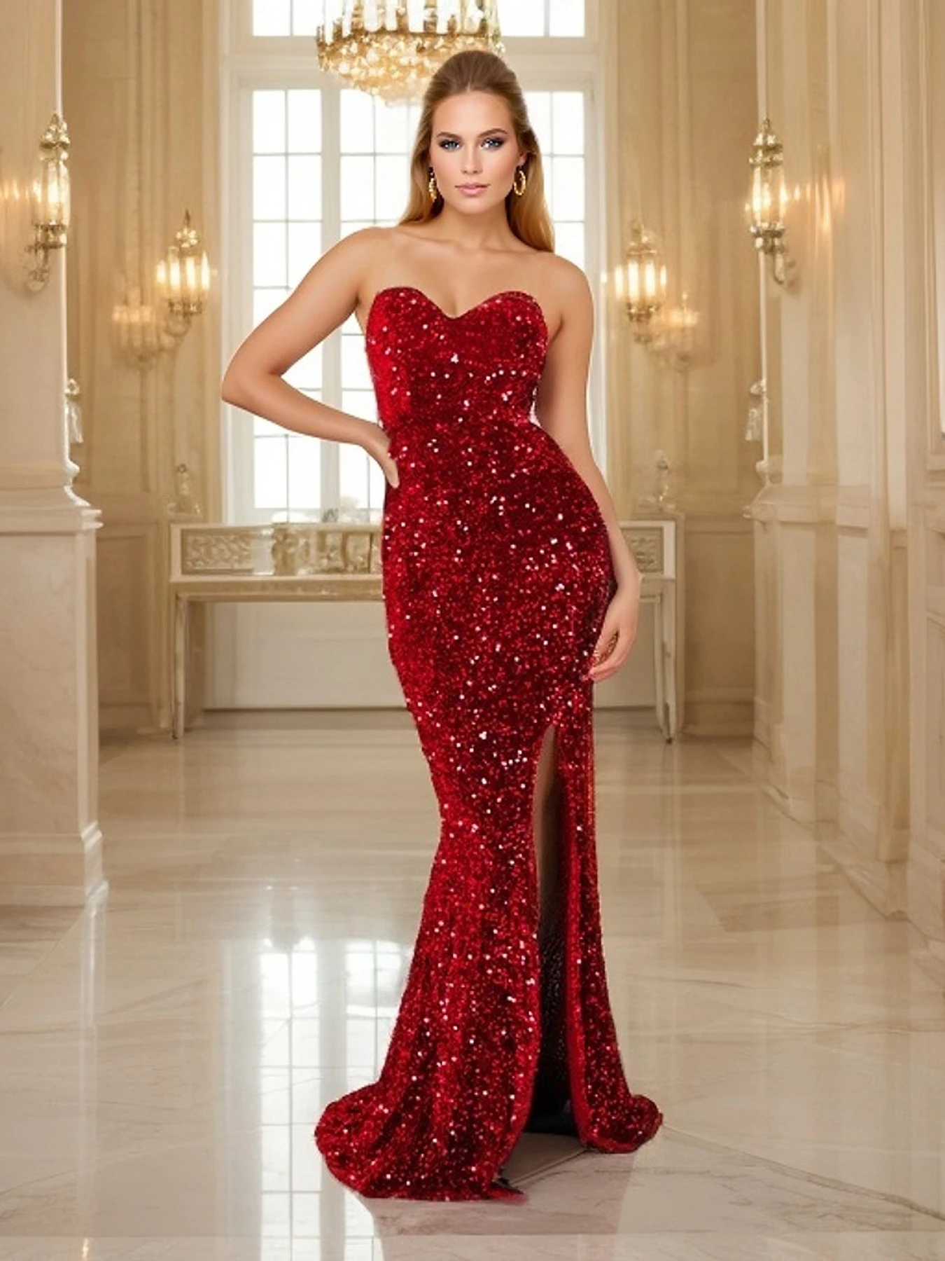 Romagic Red Sequin Strapless Cocktail Prom Dresses Stretch Velvet Sexy Slit Leg Paded Backless Mermaid Formal Evening Dress 2025 3