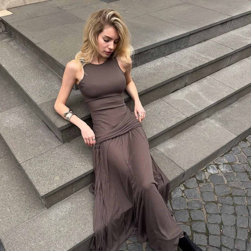 Fashion Ribbon Ruffles Slim Dress For Women Sleeveless Streetwear Long Solid Dress Autumn Lady Club Party Maxi Vest Dress