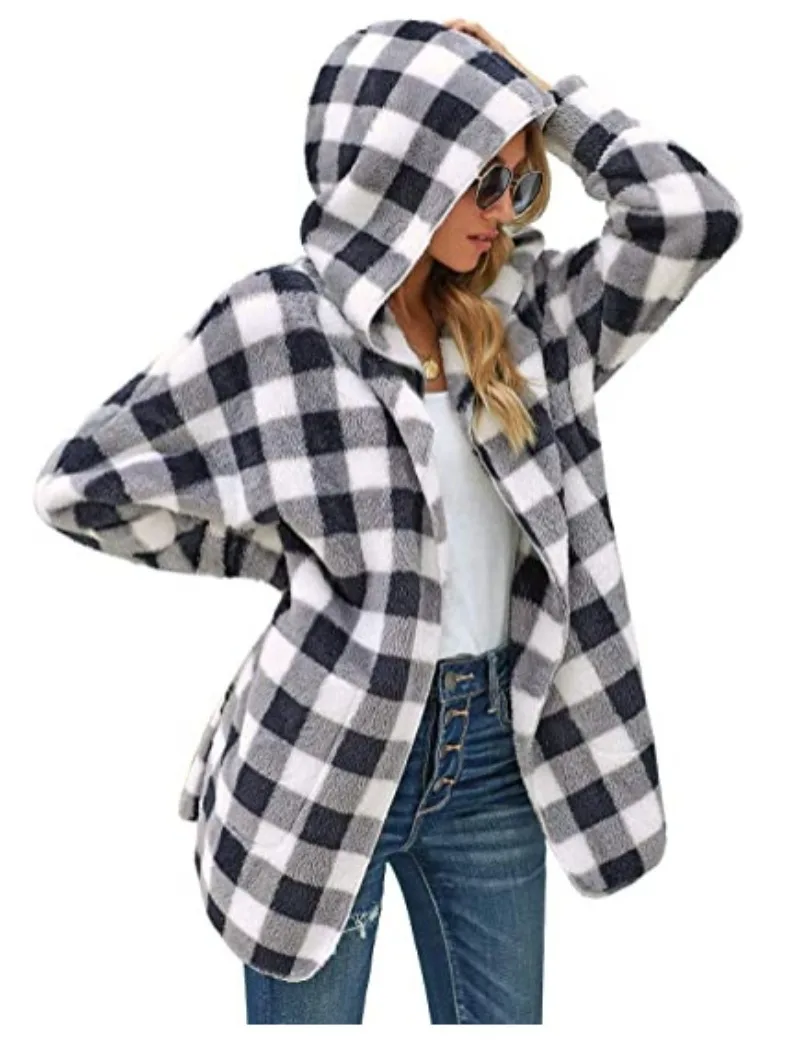 

2023 Autumn New Women's Loose Black and White Lattice Hooded Long Sleeved Coat American Vintage Sweatshirts Hoodie