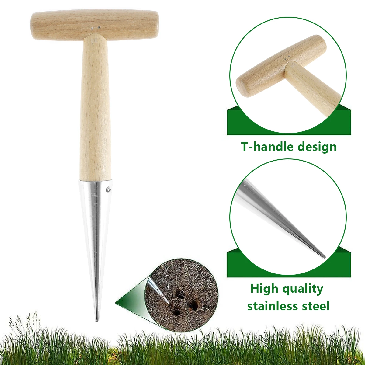 New Sow Dibber Stainless Steel Hand Dibber w/ Wooden Handle Outdoor Loosen Soil Accessory Dibber Bulb Planter w/ Seed Dispenser 5