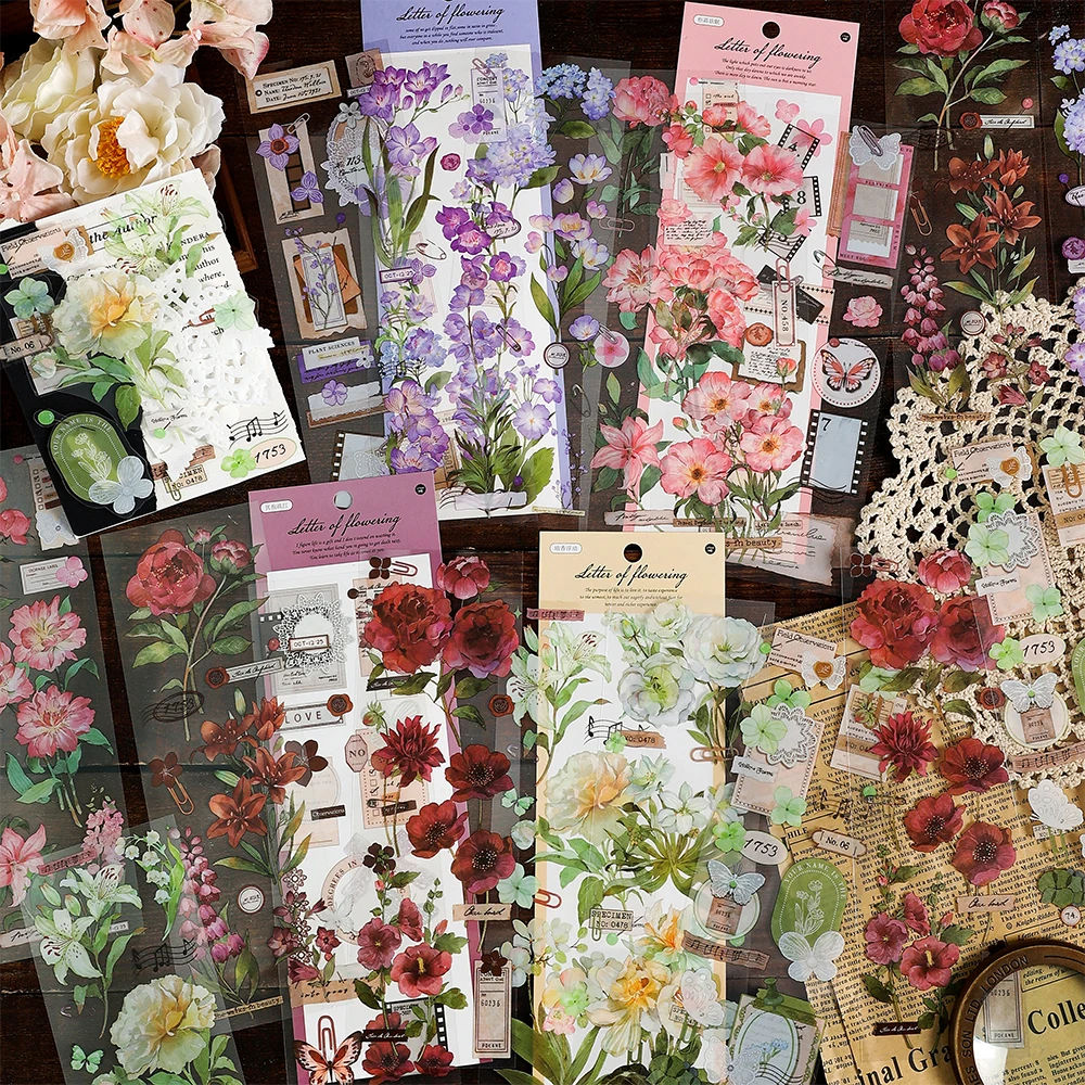 

6 Sheets INS Flowers PET Stickers aesthtic Decorative Stick Labels Scrapbooking accessories Diary Creativity Collage material