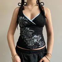 American retro style black printed suspender vest women T-shirt y2k millennium goth slim V-neck fashion top - Image 2