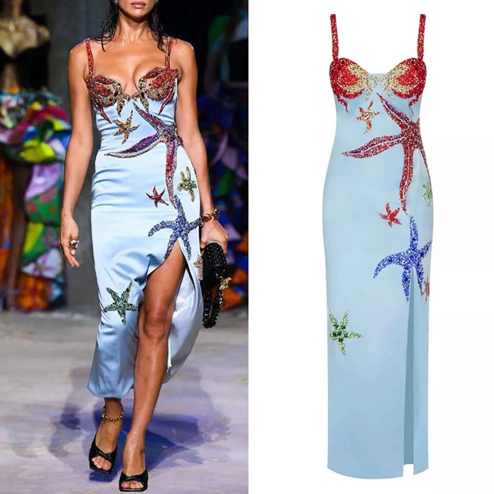 

2022 Summer New European And American Star Fashion Holiday Style Starfish Hot Drill Split Sling Skirt Medium Long Women's Dress
