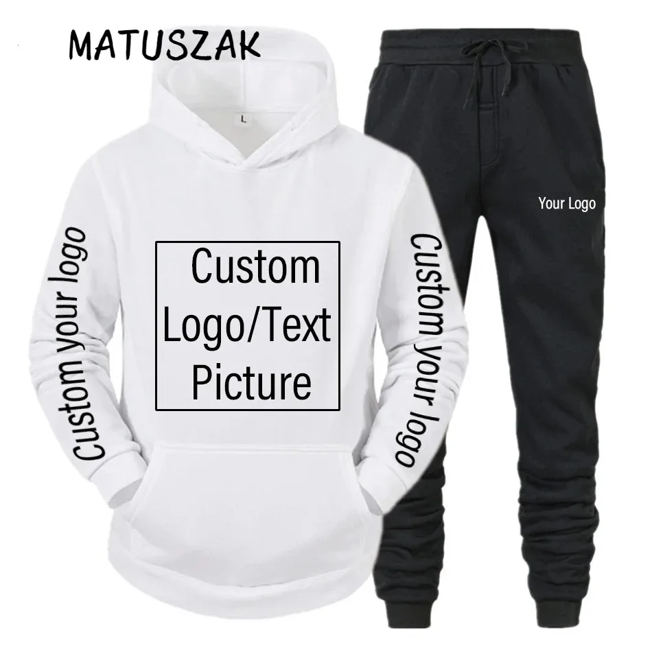 Custom Logo Men's Sets Tracksuit Hooded Sweatshirt+ Pants Two Piece Set  Hoodie & Sweatpants Suit Male Solid Causal Outfits