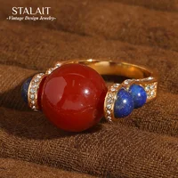 Vintage Red Agate Ring Horseshoe Rhinestone Woman Crystal Gift Luxury Designer Jewelry Antique Gold Color Accessories 2025