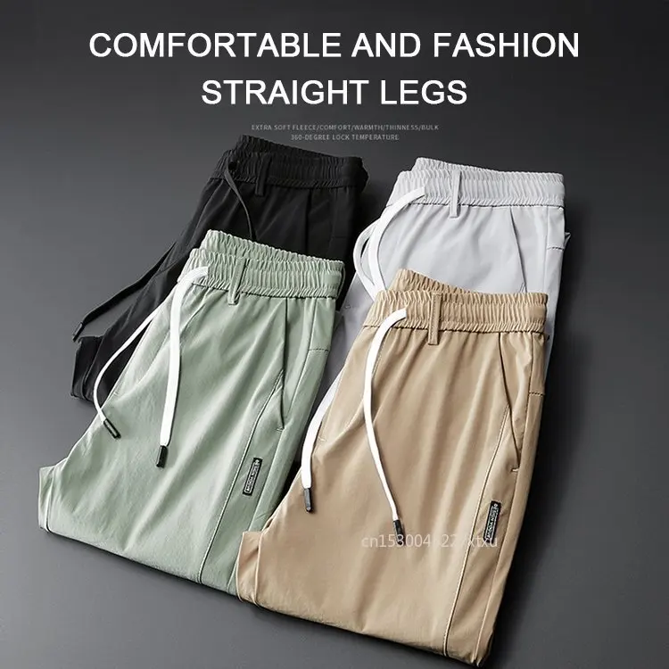 Men Fast Dry Stretch Pants Ice Silk Trousers Solid Color Mid-Waist Loose Breathable Straight-Leg Casual Pants Thin Sports sport jogging trousers fashion pants