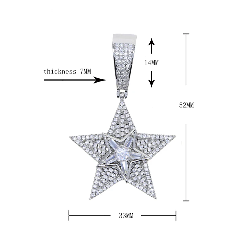 New designer 5-points stars rotatable Charm pendant Necklace Hip hop Women men full paved 5A CZ Party gift jewelry 6