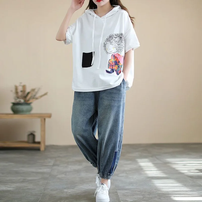 2023 New Summer Fashion Trend Hooded Patchwork Pocket Print Loose Casual Slimming Sports Short Sleeved Women's Oversized T-shirt