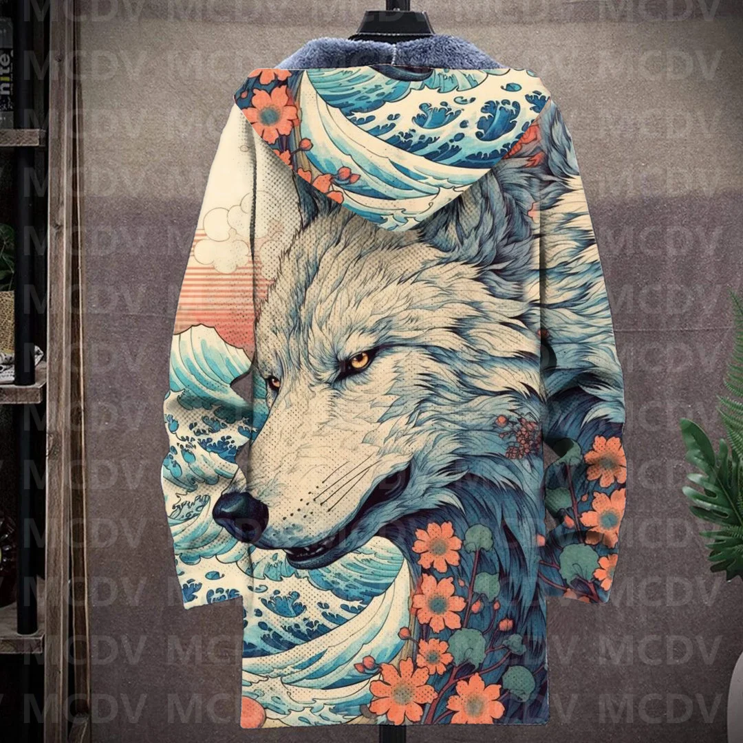 Men's Retro Print Plush Thick Long-Sleeved Coat Cardigan Wolf 3D Prined Fleece Hooded Overcoat Unisex Thick Warm Jacket