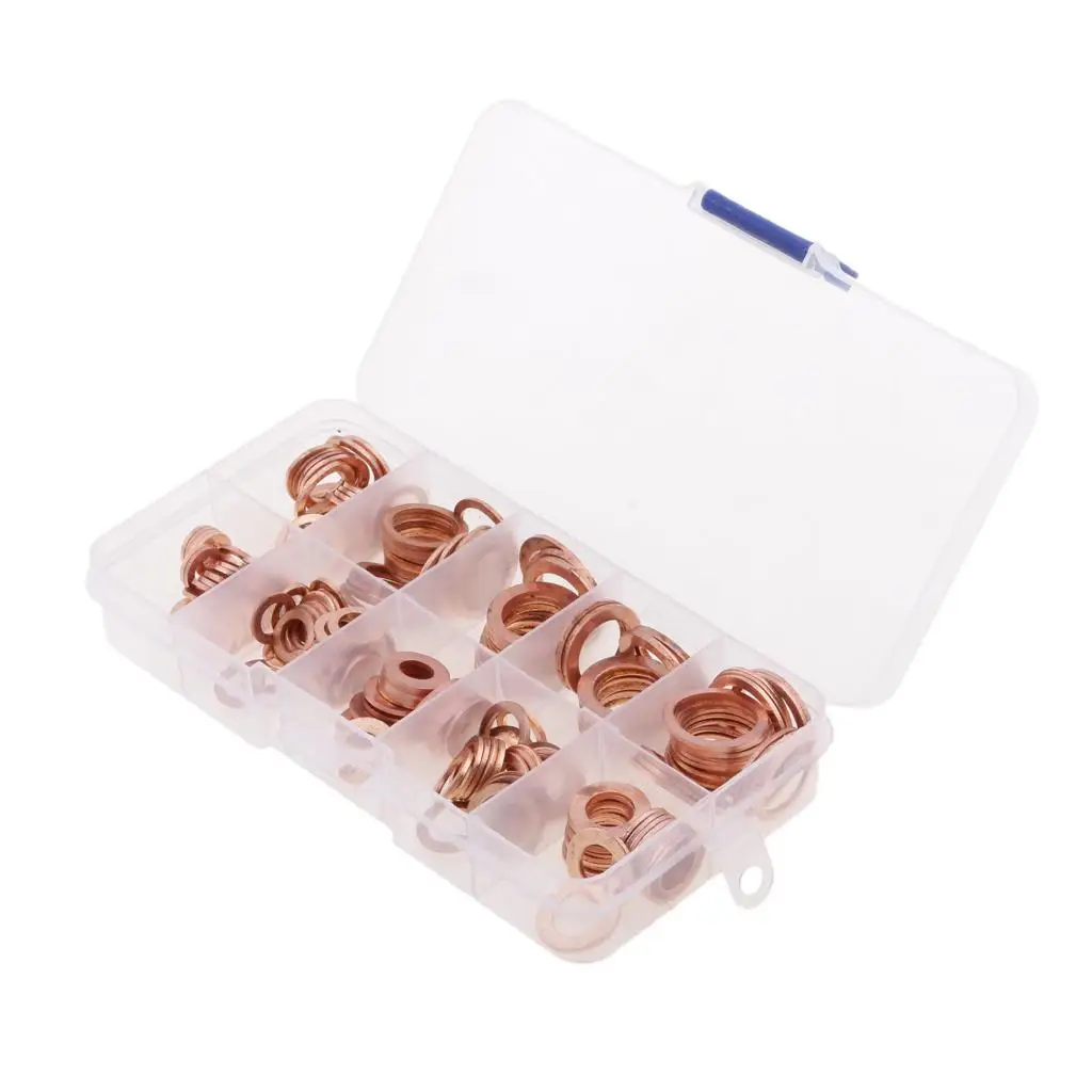 Copper Washer Gasket Nut Bolt Set Flat Seal Sealing O ring Solid Gasket Assortment Kit 200Pcs Car Engine Oil Sump Plug oil drain plug gasket oil drain plug seal washer o ring gasket sealing washers engine gasket set copper gasket combination