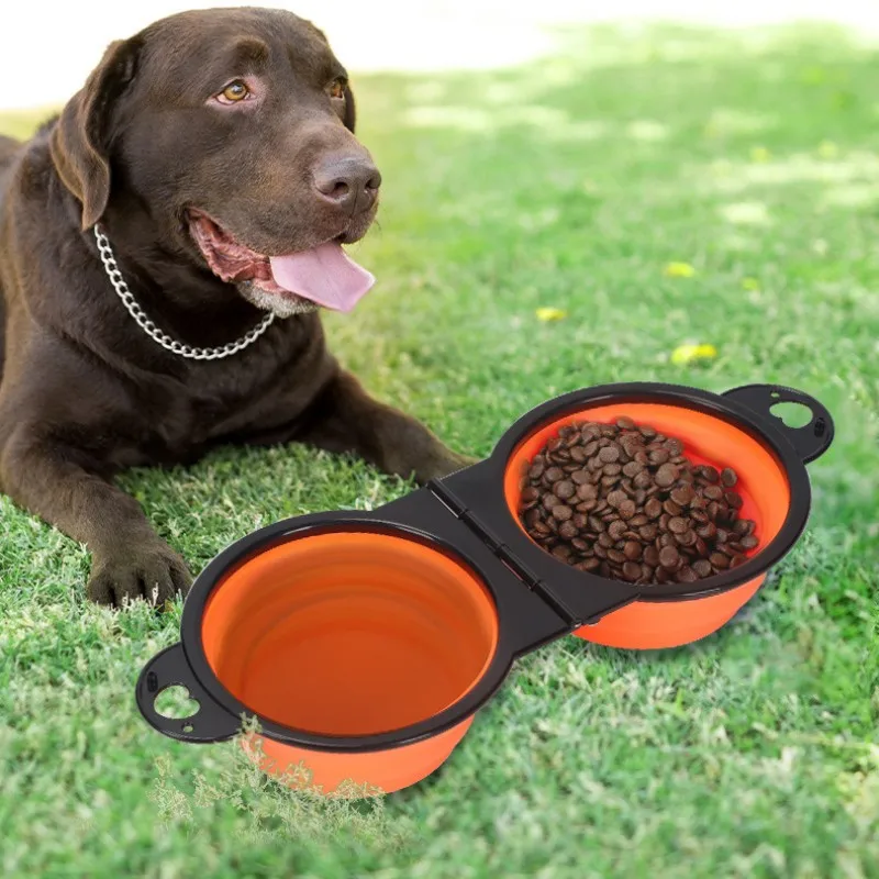 

Portable 2 in 1 Collapsible Dog Bowls Travel Pet Feeder Bowl Expandable Silicone Pet Food & Water Double Bowl, Cat Feeder Dish