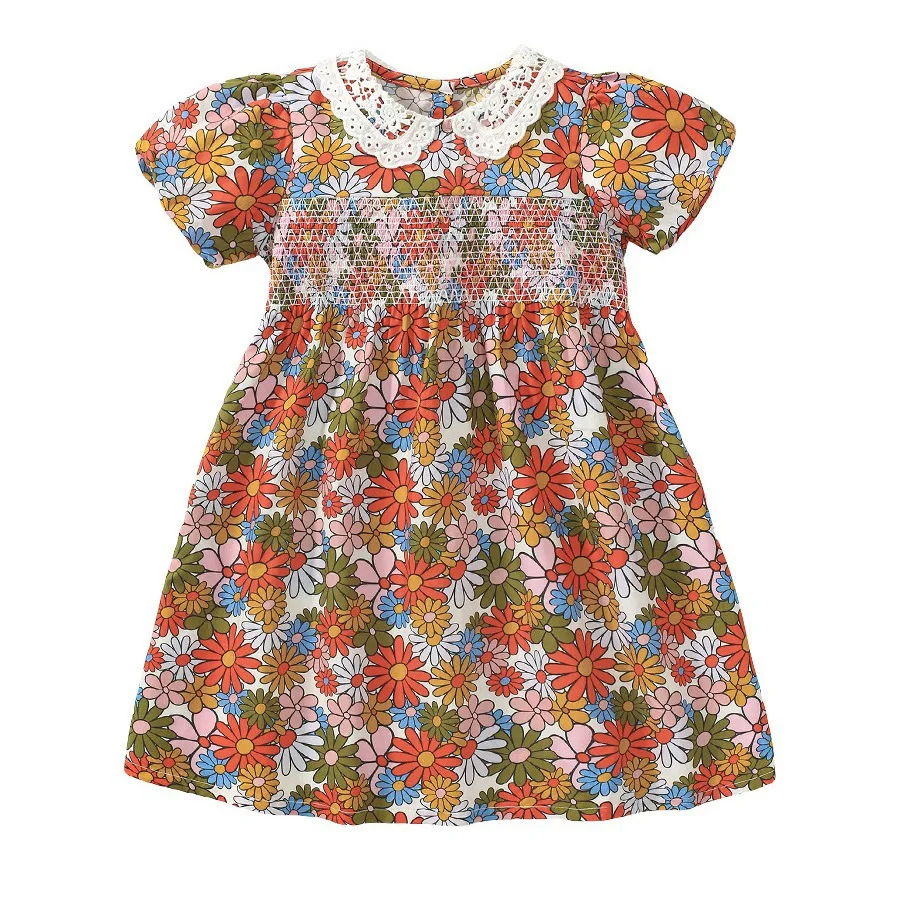 Vintage Baby Girls Summer 2025 New Kids Clothes Dress Holiday Cartoon Flowers Dresses Children's Clothing Vestidos Cotton