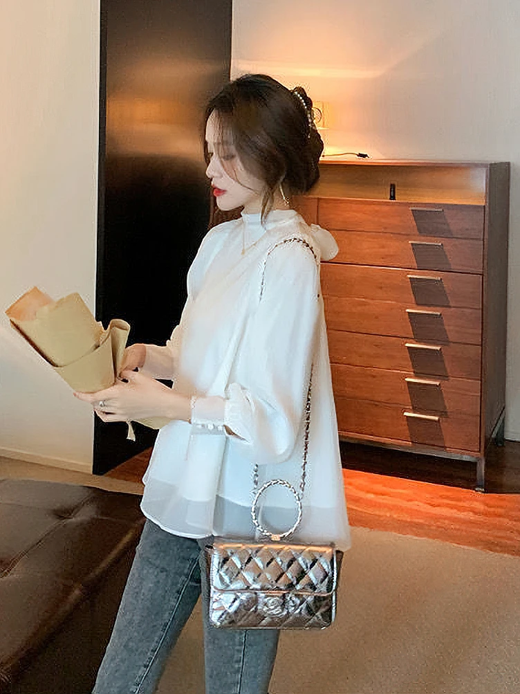 Women Elegant Puff Long Sleeve Chiffon Blouse with Bow ties Vintage Palace Luxury Lady Basic Shirt Female Top