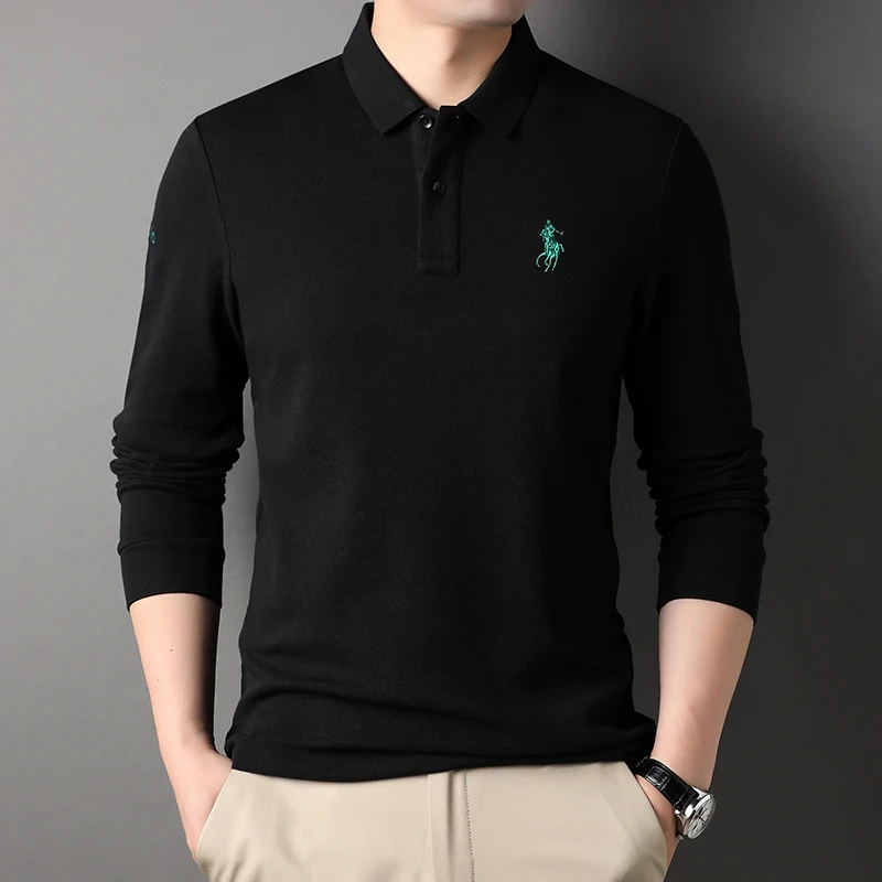 

High-end pure cotton polo shirt men's short-sleeved T-shirt 2024 new slim business casual long-sleeved men's