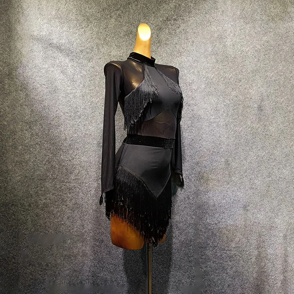 

Black Long Sleeve Tassel Design Female Latin Dance Dress Dancing Performance Women Dress Ballroom Samba Tango T048-2