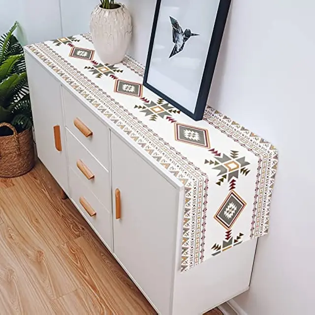 Retro Geometriai Figura Vászon Asztal Futó Ünnepi Party Dekorációk Sárga Virág Étkezőasztal Dekorációhoz - Image 5