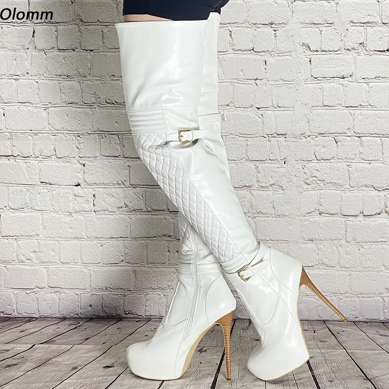 

Женские ботинки на шпильке Olomm, белые вечерние ботинки ручной работы с пряжкой и боковой молнией, на каблуке-шпильке с круглым носком, размеры 5-20, для зимы