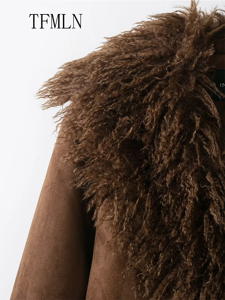 Luxury Women Faux Fur Patchwork Jackets 2025 Autumn Winter Lapel Long Sleeve Causal Chic Coats Elegant Ladies Pockets Outwear