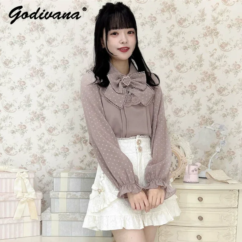 

Japanese Style Rojita Lace-up Bow Sweet Shirt Long Sleeve Women's Polka Dot Love Heart Bow Tie Mine Mass-Produced Blouse