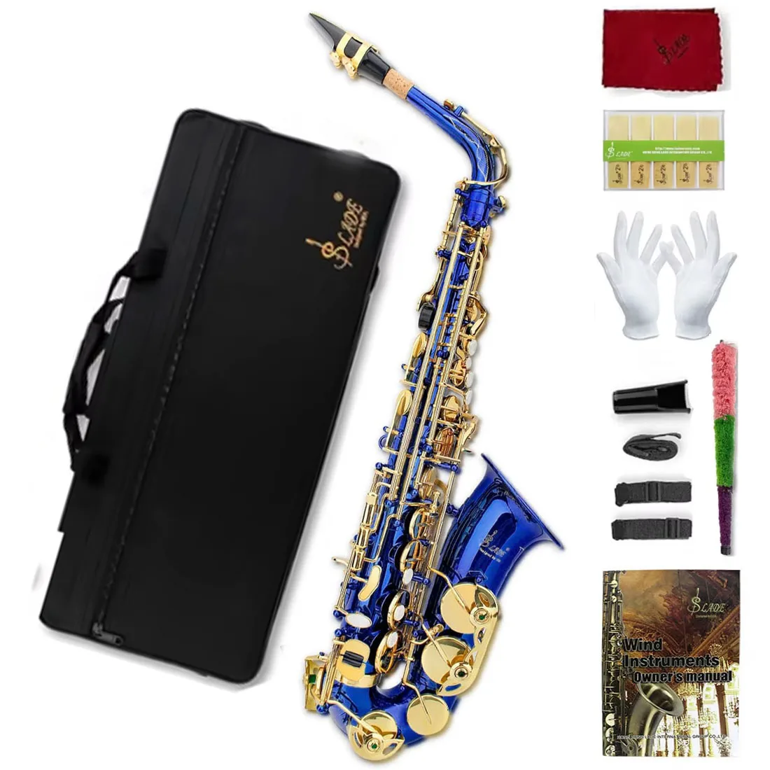 SLADE Blue Alto Saxophone E Flat Saxophone Complete Set for Beginners Students with Box Cleaning Cloth Gloves Neck Strap Parts