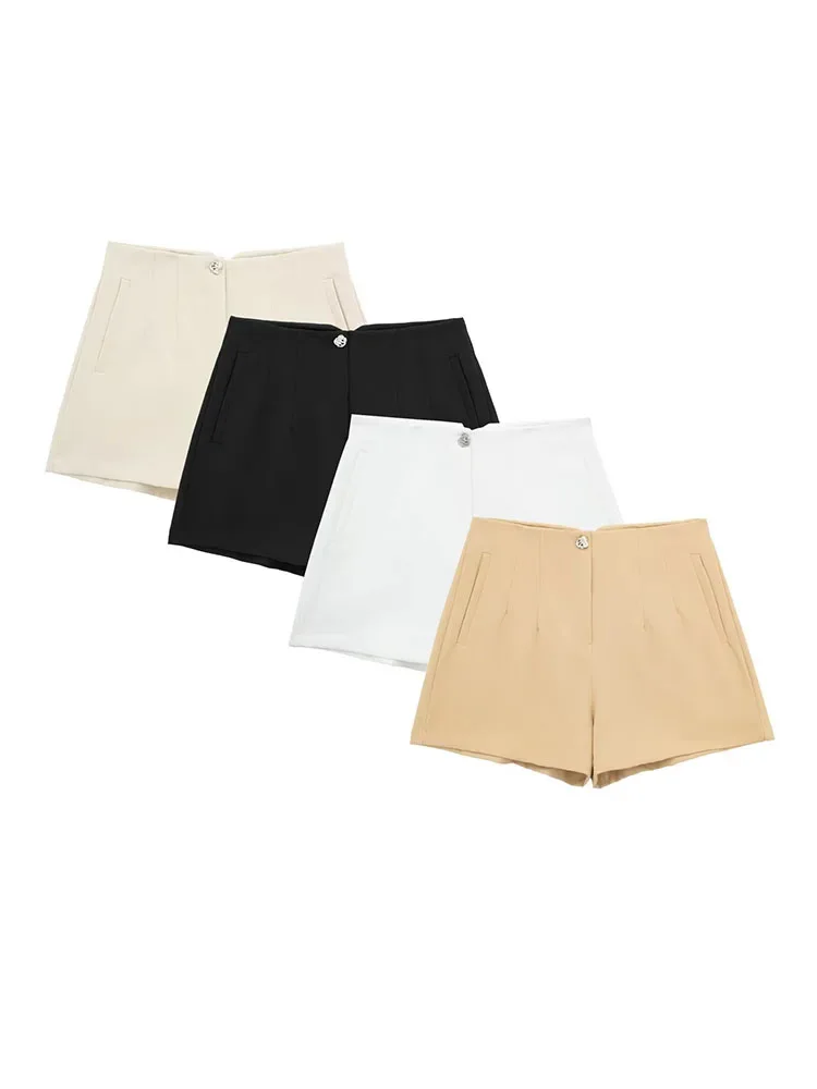 

HH TRAF 2024 Summer Woman Fashion High Waist Solid Color Shorts Side Pockets Casual Mini Pants Female Elegant Zipper Slim Shorts