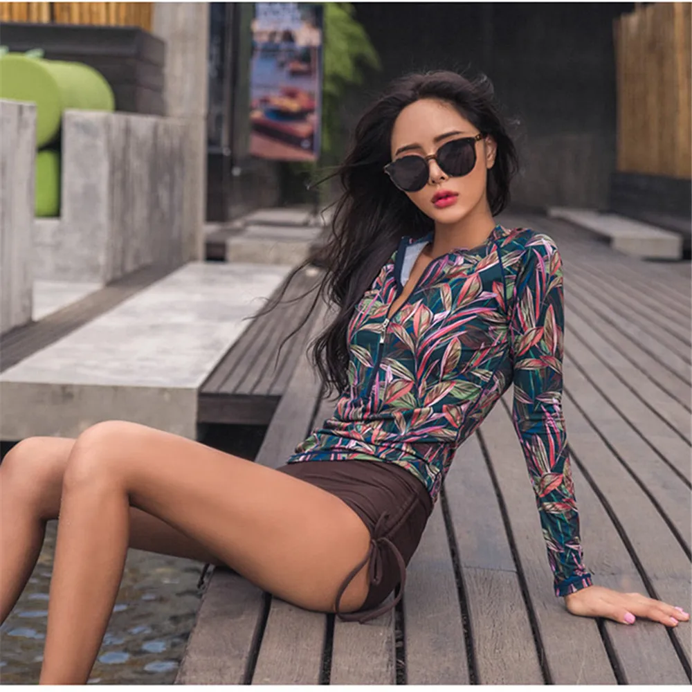 Long Sleeve Rash Guard Women Print Two Piece Swimsuit Zipper Swimwear High Waist Tankini Korea Bathing Suit Push Up Surfing Suit rash guard