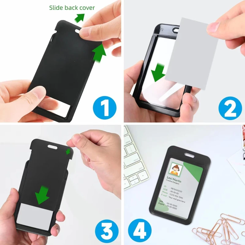 Sliding Id Badge Holder Black Plastic Card Case Protector Pouch With Clear Window For School Id Credit Cards Key Cards