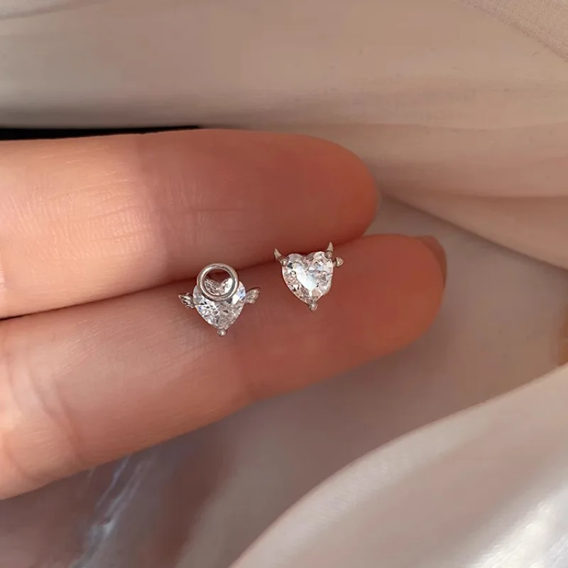 

New 925 Sterling Silver Stud Earrings Clear Heart Angel Evil Asymmetric For Women Girl Gift Jewelry Dropshipping Wholesale