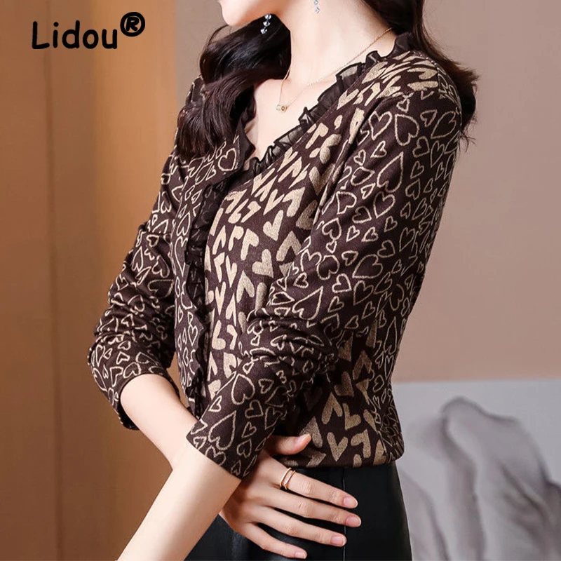 

Retro Elegant Ruffle V-neck Fashion Love Graphic Printed Basic Knitted Sweater Women Casual Slim Long Sleeve Pullover Top Female