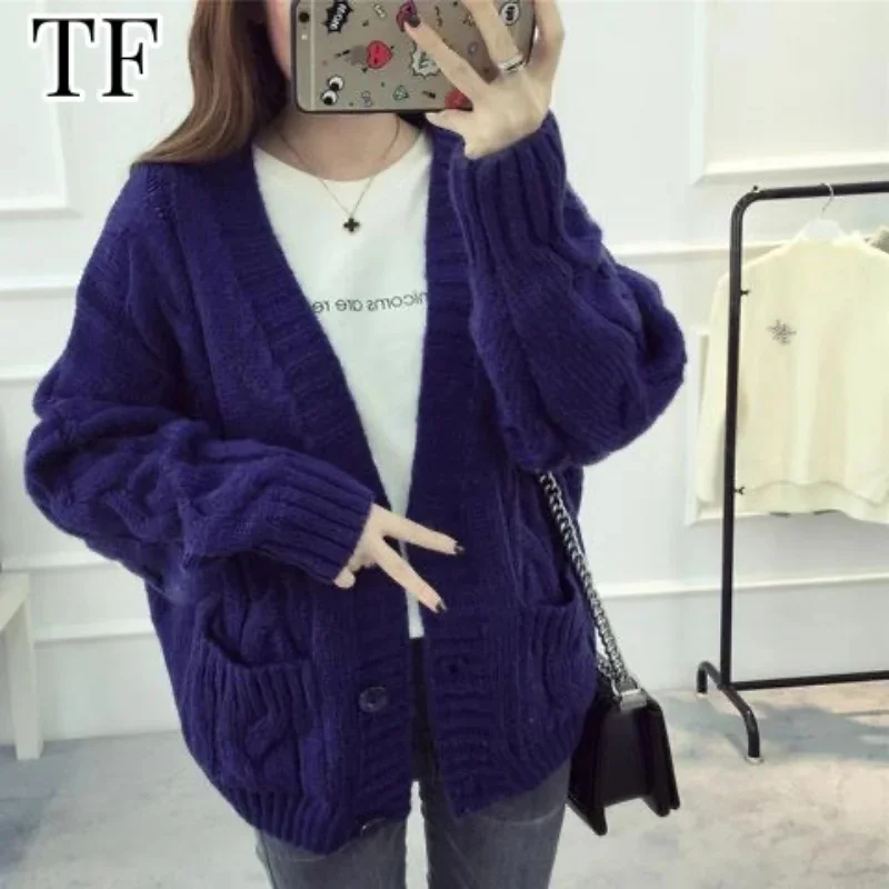 

Autumn Winter Purple Sweater Cardigan Warm Y2k American Vintage Sweaters Loose V-neck Knitted Overcoat Weave Cardigans