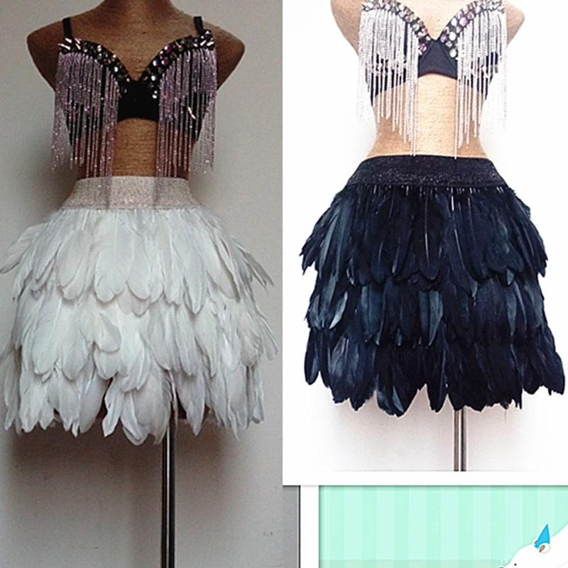 

Festival Feather Clothing Black/White Feather Skirt Elastic Waist Nightclub GOGO Performance Stage Clothing African Hula Outfit