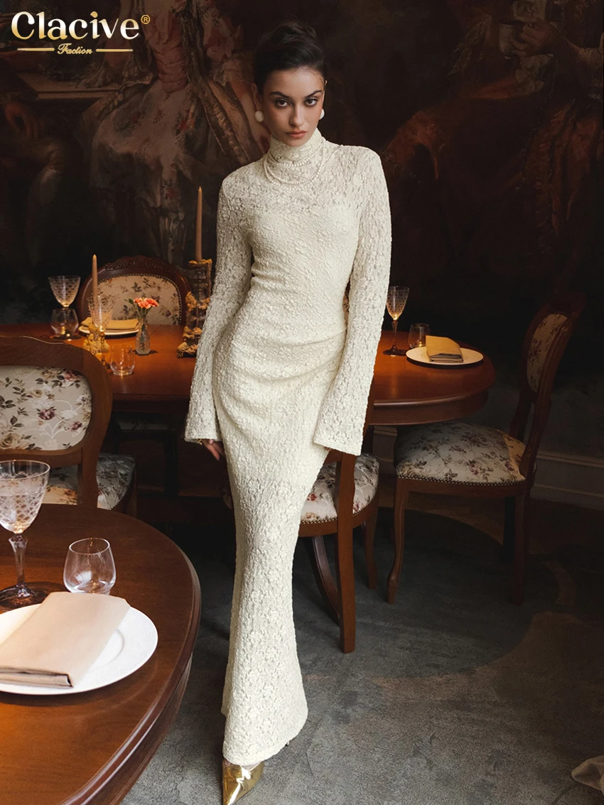 

Clacive Fashion Slim Yellow Women's Dress 2024 Bodycon Turtleneck Long Sleeve Ankle Length Dresses Elegant Classic Female Dress