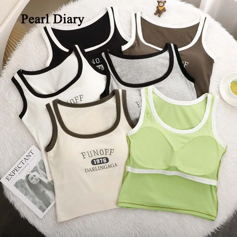

Pearl Diary Chic Cotton Print All-Match Tank Tops With Bra Pad Women Knitting Casual Tank Tops Stripe Simple Short Tops For Wome