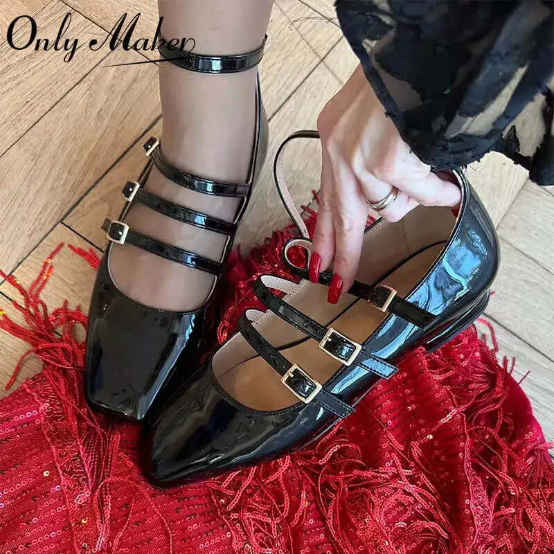 Onlymake Women Flats Square Toe Patent Leather Mary Jane Strap Retro Elegant Big Size Daily Flats Pumps women shoes,women flats
